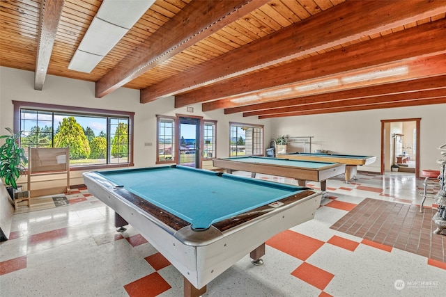 recreation room featuring beamed ceiling, wooden ceiling, a healthy amount of sunlight, and pool table