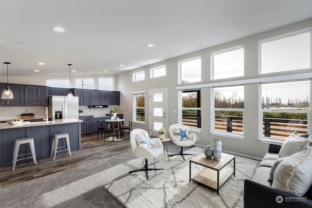 living room featuring dark hardwood / wood-style flooring and high vaulted ceiling