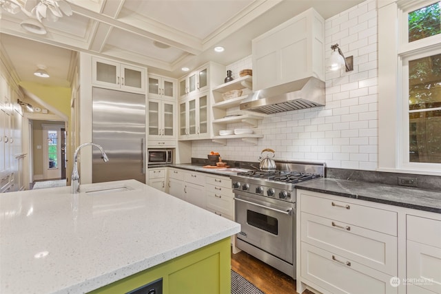 2033 11th Ave E, Seattle, WA 98102 - kitchen featuring high quality appliances, a sink, wall chimney exhaust hood, decorative backsplash, and open shelves