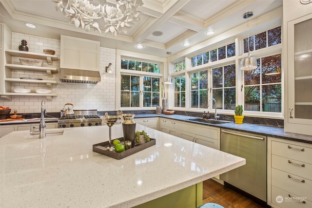 kitchen with dark stone countertops, dark hardwood / wood-style flooring, sink, and stainless steel appliances