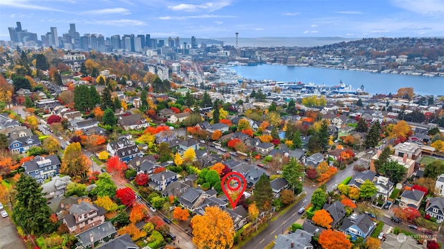 bird's eye view with a water view