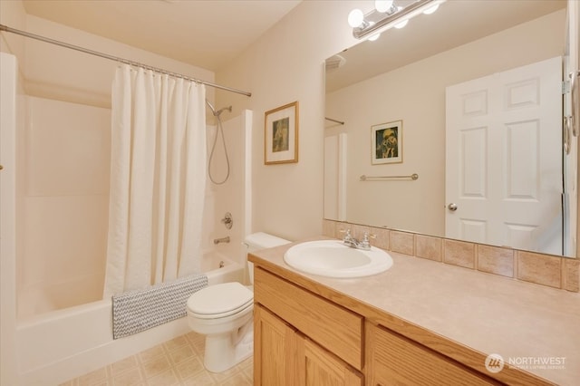 full bathroom with vanity, toilet, and shower / bathtub combination with curtain