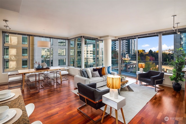 living room featuring floor to ceiling windows and dark hardwood / wood-style flooring