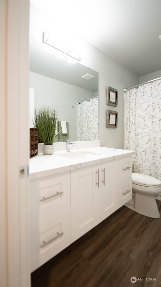 bathroom featuring curtained shower, vanity, wood-type flooring, and toilet