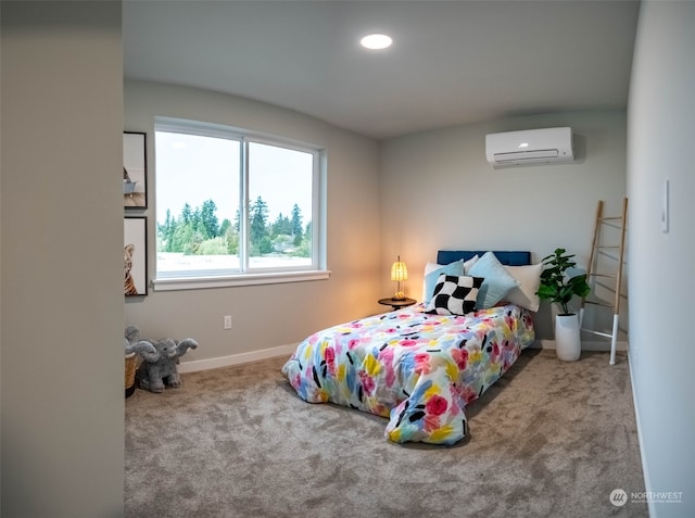 carpeted bedroom featuring an AC wall unit