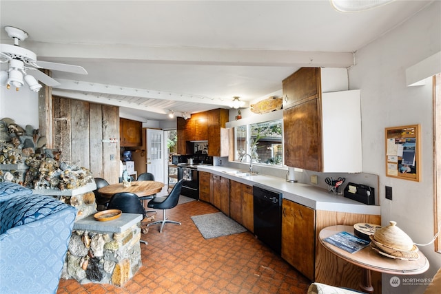 kitchen featuring black appliances, sink, ceiling fan, and beam ceiling