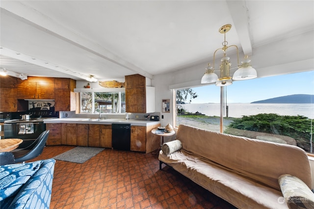 kitchen with black dishwasher, sink, a water and mountain view, beam ceiling, and decorative light fixtures