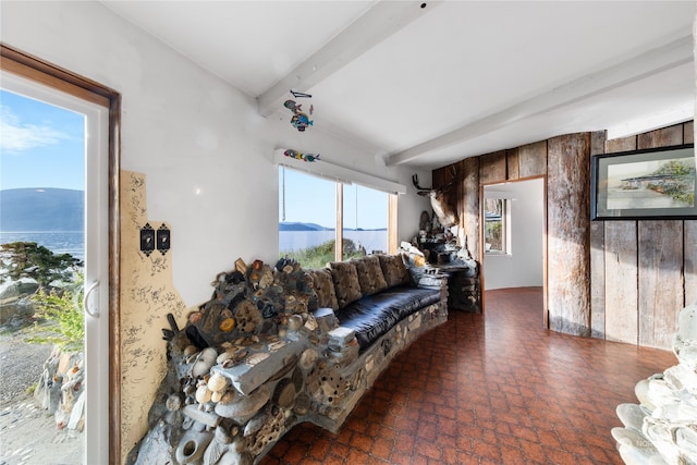 living room with a water and mountain view, a wealth of natural light, and wooden walls