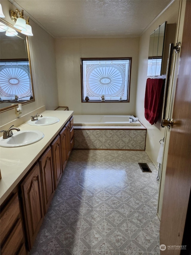 bathroom with a bathtub, vanity, and a textured ceiling