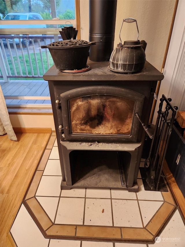 room details featuring a wood stove