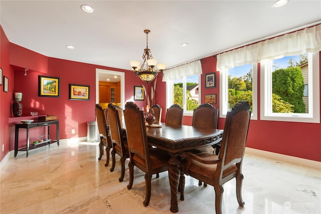 dining room featuring marble finish floor, baseboards, a chandelier, and recessed lighting