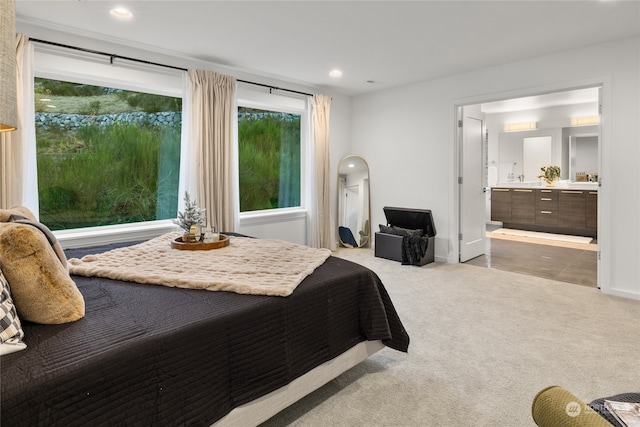 carpeted bedroom with ensuite bathroom