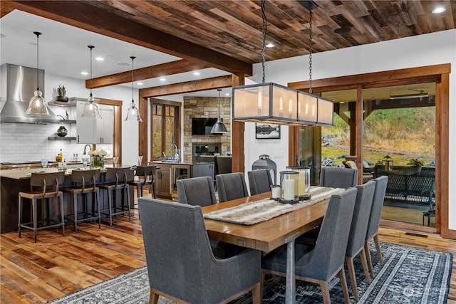 dining room featuring beam ceiling, dark hardwood / wood-style flooring, and wood ceiling