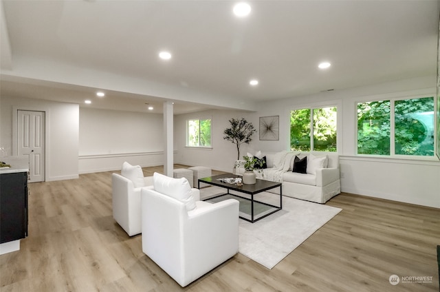 living room featuring plenty of natural light and light hardwood / wood-style flooring