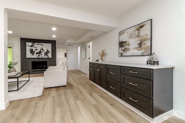 living room with a fireplace and light hardwood / wood-style flooring