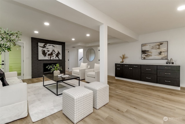 living room with light hardwood / wood-style floors and a fireplace