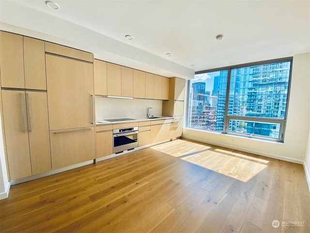 kitchen featuring light hardwood / wood-style flooring, stainless steel oven, electric stovetop, and sink