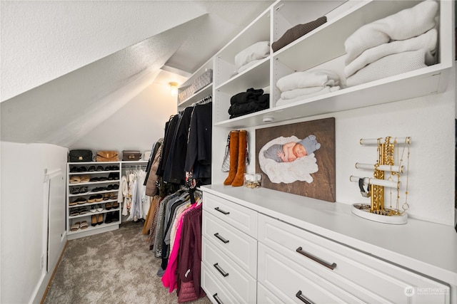 spacious closet featuring light colored carpet and vaulted ceiling