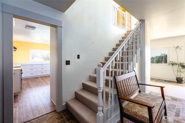 staircase with hardwood / wood-style floors