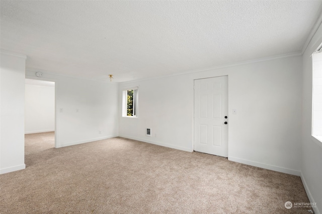 carpeted empty room with crown molding and a textured ceiling