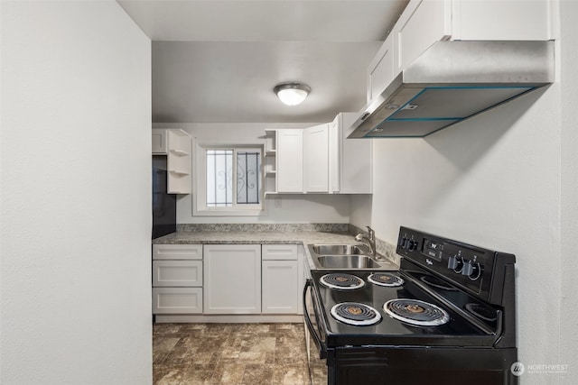 kitchen featuring black / electric stove, white cabinetry, sink, and extractor fan