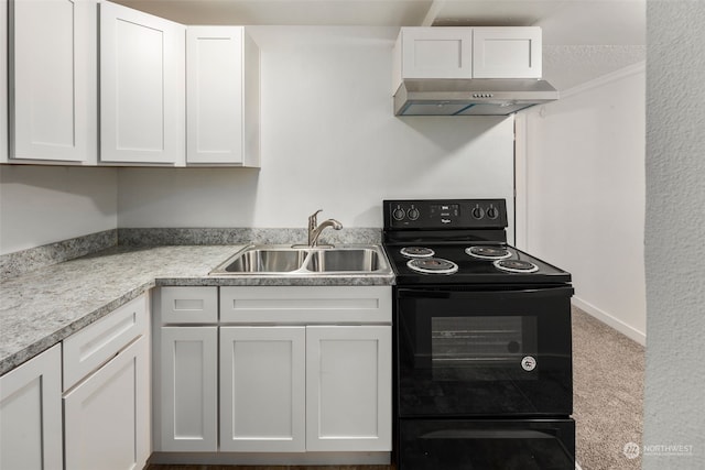 kitchen with black electric range oven, white cabinetry, and extractor fan