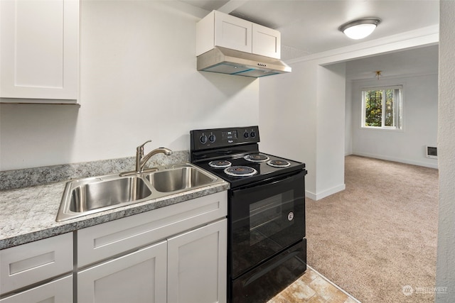 kitchen with exhaust hood, sink, black range with electric cooktop, light colored carpet, and white cabinetry