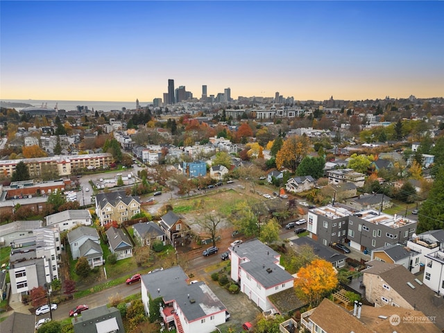 view of aerial view at dusk