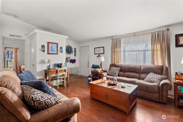 living room with dark hardwood / wood-style floors and plenty of natural light