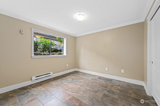 unfurnished room featuring baseboard heating and ornamental molding