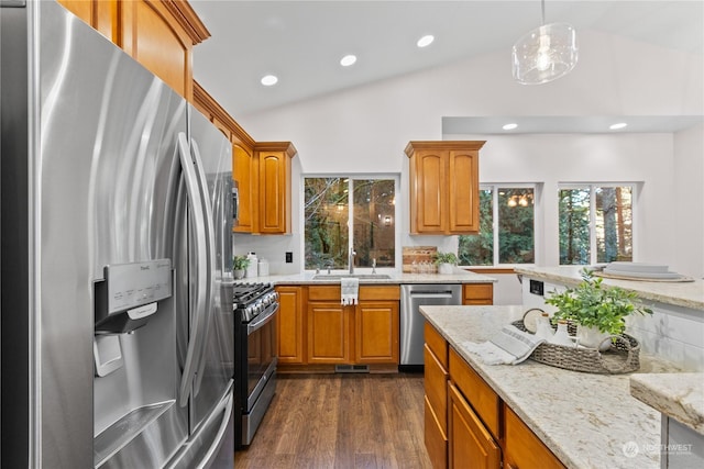 kitchen featuring stainless steel appliances, vaulted ceiling, sink, dark hardwood / wood-style floors, and hanging light fixtures