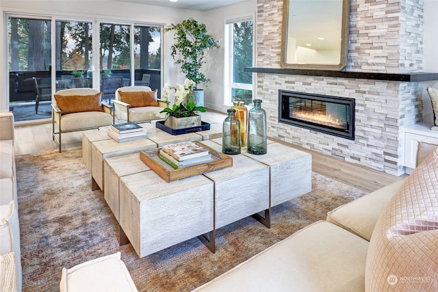 living room featuring hardwood / wood-style floors and a stone fireplace