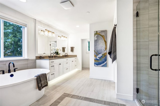 bathroom featuring vanity and independent shower and bath