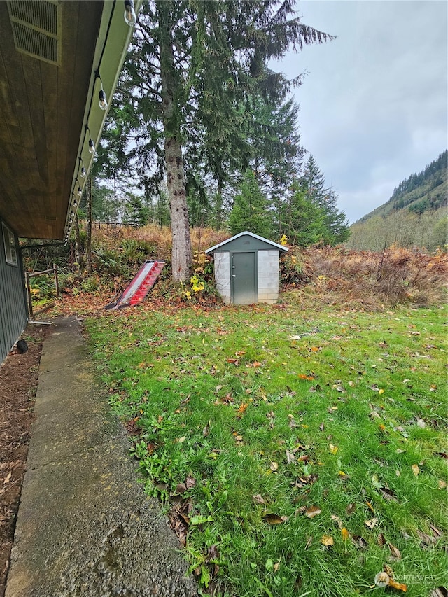 view of yard with a shed