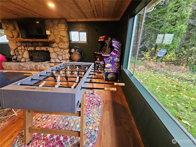 game room with hardwood / wood-style floors and wooden ceiling