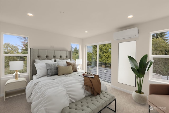 carpeted bedroom with recessed lighting, an AC wall unit, access to outside, and baseboards