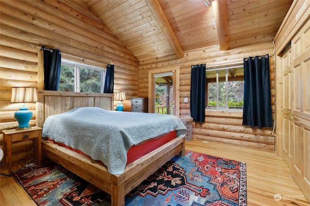 bedroom featuring wood ceiling, rustic walls, lofted ceiling with beams, and light wood-type flooring