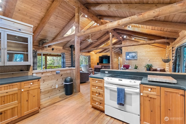 kitchen with lofted ceiling with beams, white electric stove, wooden walls, wood ceiling, and light wood-type flooring