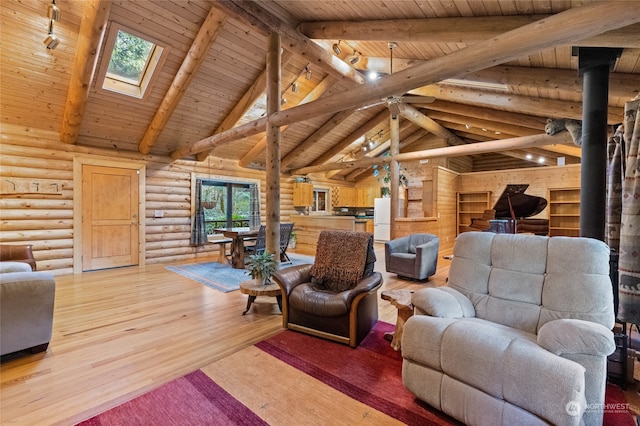 living room featuring beam ceiling, a skylight, log walls, wooden ceiling, and hardwood / wood-style floors