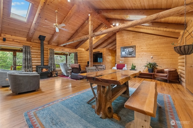 dining area featuring wood-type flooring, a skylight, a wood stove, and wood ceiling