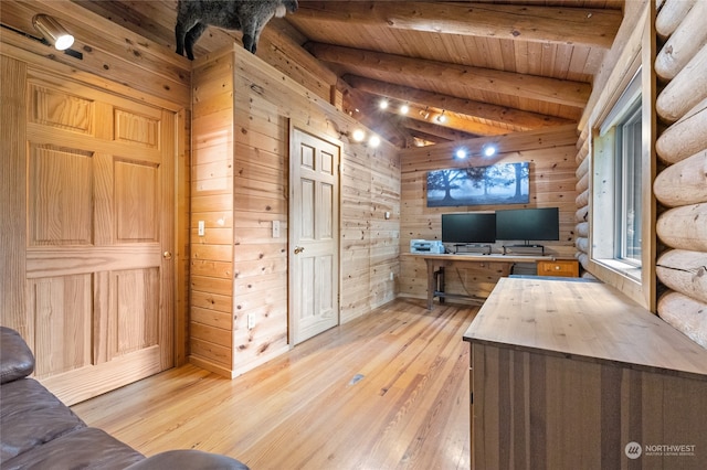 office space with lofted ceiling with beams, light hardwood / wood-style flooring, wooden walls, and wood ceiling