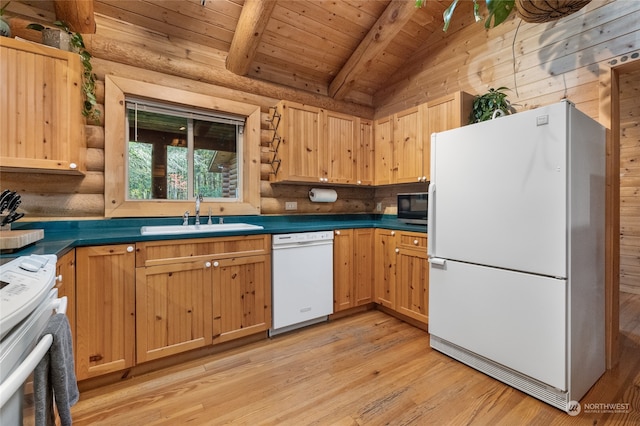 kitchen with light hardwood / wood-style flooring, vaulted ceiling with beams, sink, white appliances, and wooden ceiling