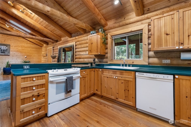 kitchen featuring light wood-type flooring, white appliances, lofted ceiling with beams, and sink