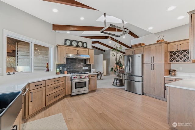 kitchen with appliances with stainless steel finishes, backsplash, light hardwood / wood-style floors, and vaulted ceiling with skylight