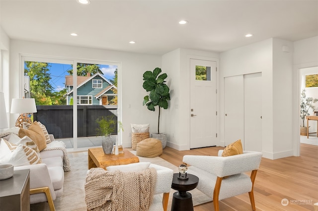 sitting room with light hardwood / wood-style flooring