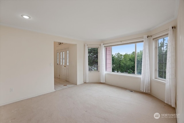 empty room with light carpet and crown molding