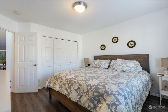 bedroom with a closet and dark wood-type flooring