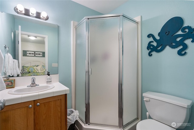 bathroom with vanity, toilet, and an enclosed shower