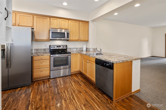 kitchen with kitchen peninsula, dark hardwood / wood-style flooring, stainless steel appliances, and sink