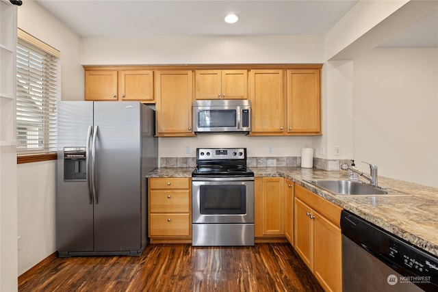 kitchen with appliances with stainless steel finishes, dark hardwood / wood-style flooring, and sink